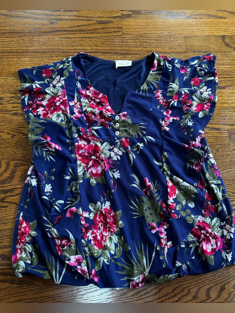 Ember Navy Multicolor Floral V-Neck Chiffon Ruffle Button Blouse Women L